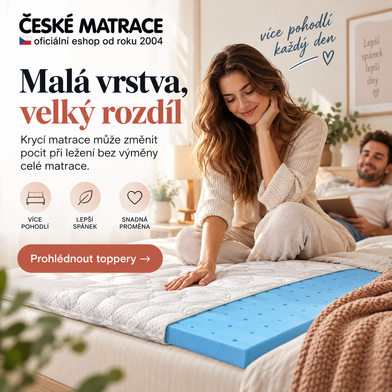 Krycí matrace pro úpravu pohodlí lůžka